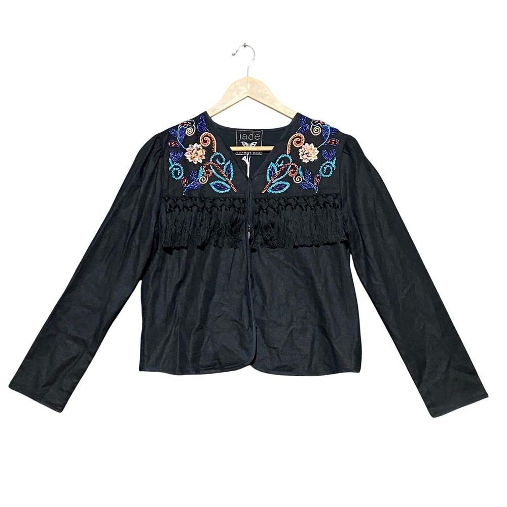 Johnny Was Jade Carmina Bolero Visalia Black Beaded Fringe Jacket L43325-8 Small